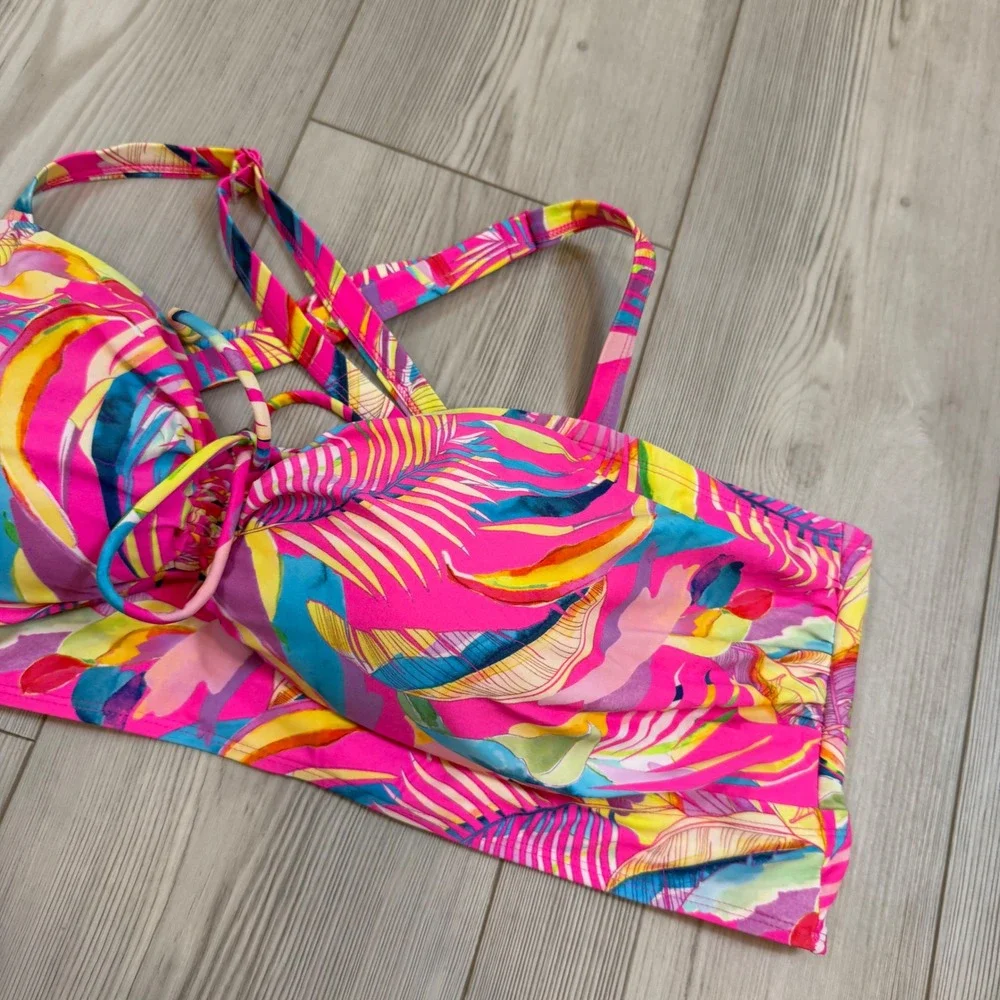 Torrid Tropical Palm Print Lace Up Wireless Bikini Top Pink Multi Size 4